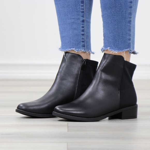 Black Dual Material Round Toe Low Heel Ankle Boots - Picture 12 of 12